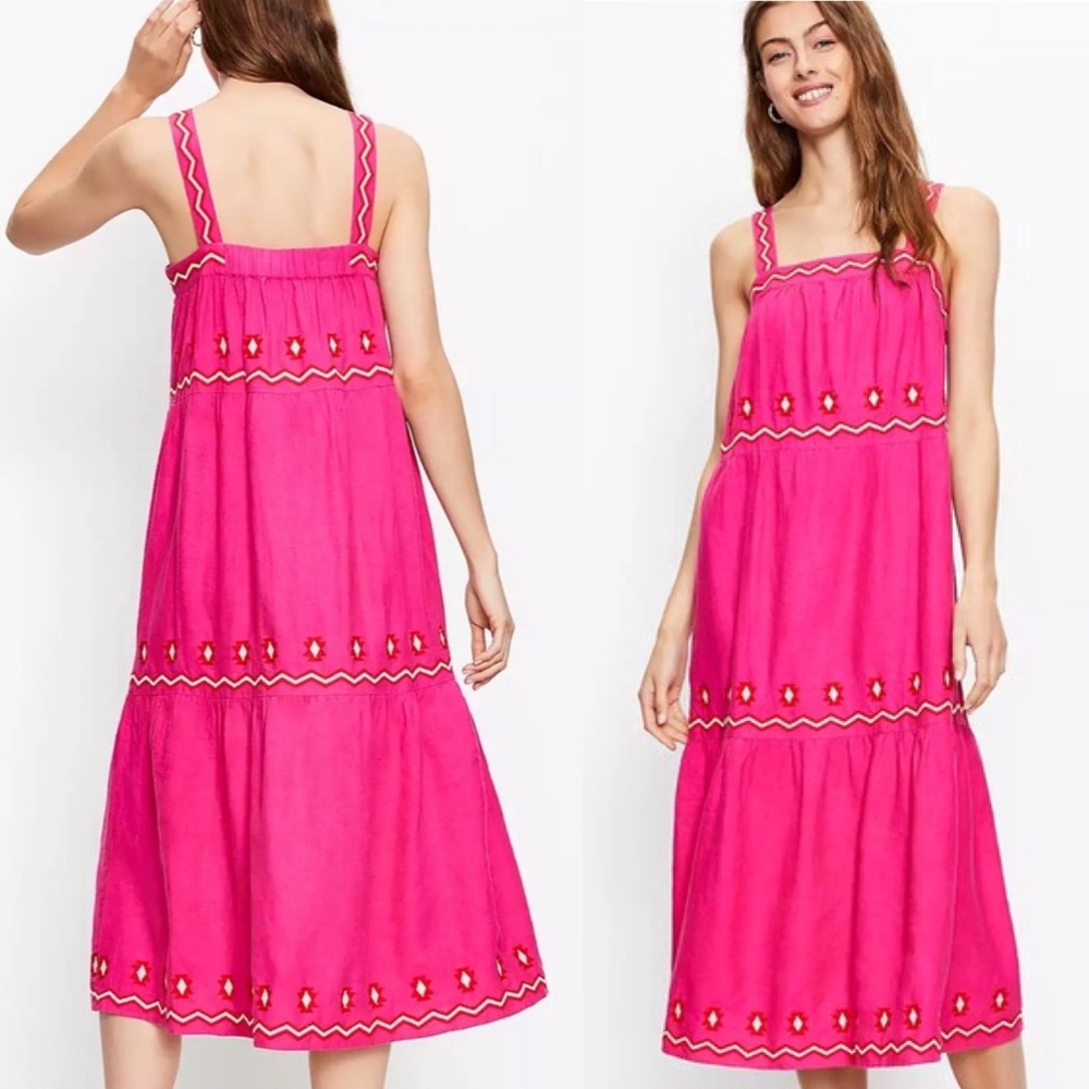 LOFT Womens Dresses Embroidered Tiered Square Neck Midi Dress Pink Flare